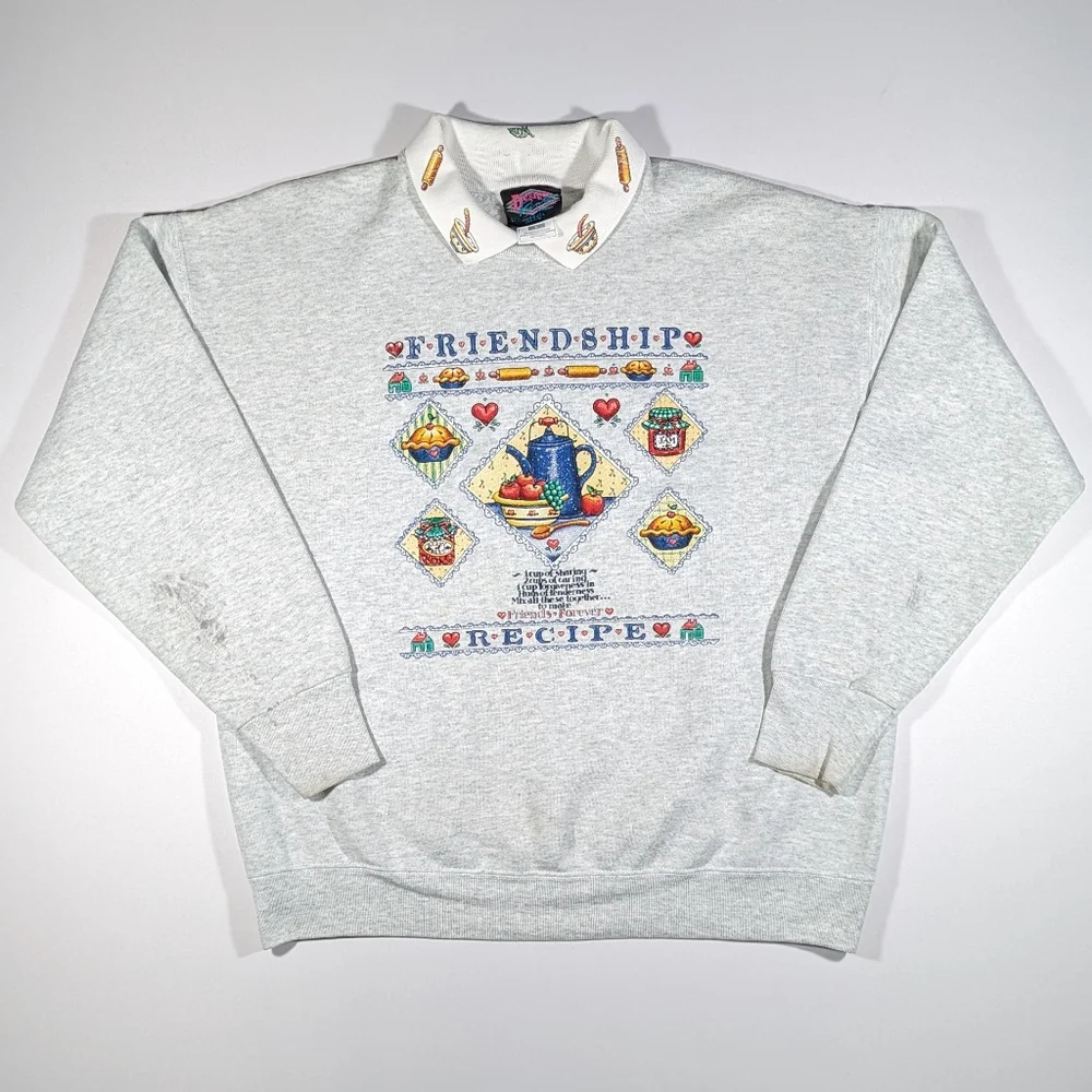 Vintage 90s Sz Large Friendship Recipe Collared Long Sleeve Sweatshirt - Picture 1 of 12